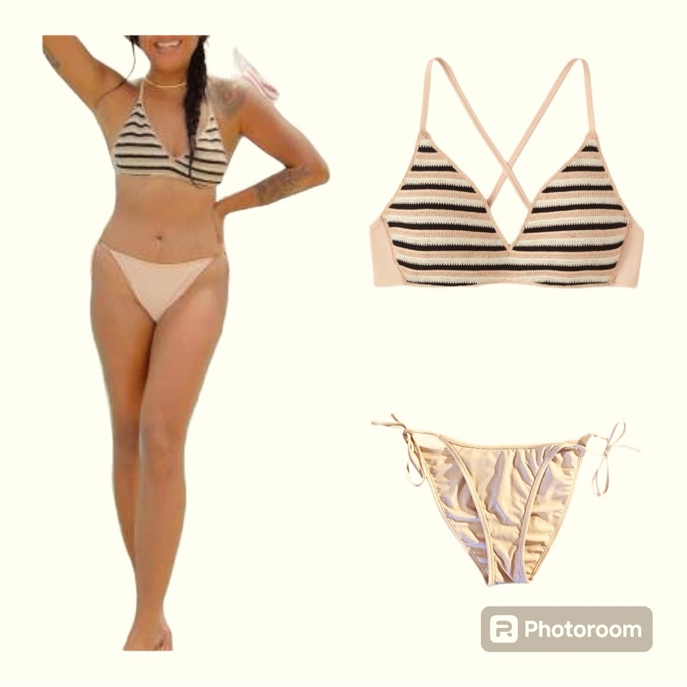 Bikini 2 piece set Striped Crochet Bralette Top - SZ S